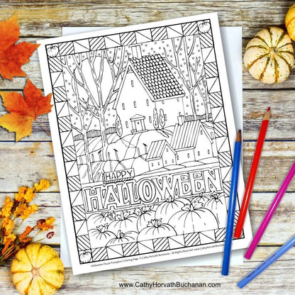 Halloween Haunted House Coloring Page, PDF Download Printable  by Cathy Horvath Buchanan
