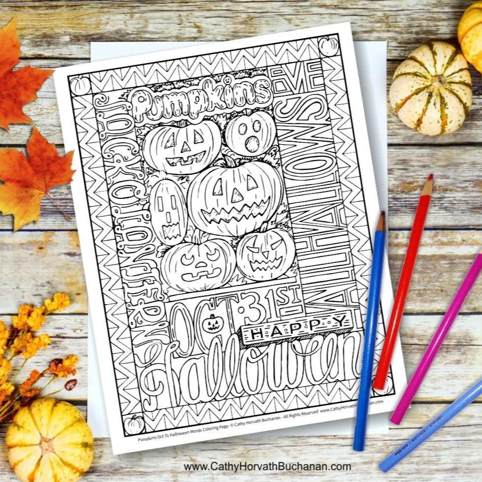 halloween pumpkins words coloring page by cathy horvath buchanan