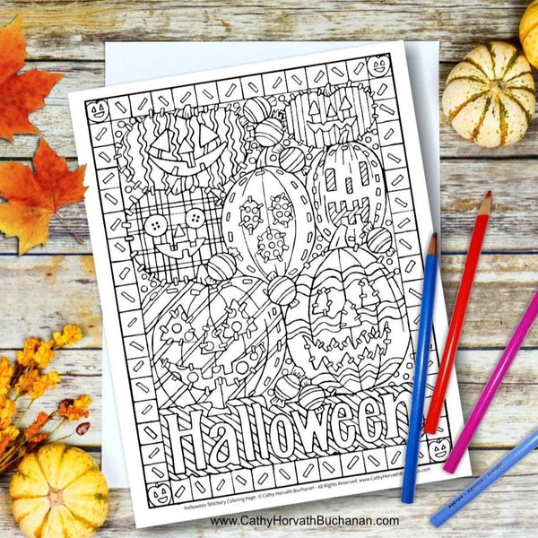 Halloween Pumpkins Stitches Coloring Page, PDF Download Printable ...