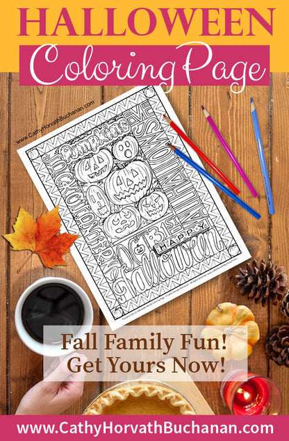 halloween pumpkins words coloring page by cathy horvath buchanan