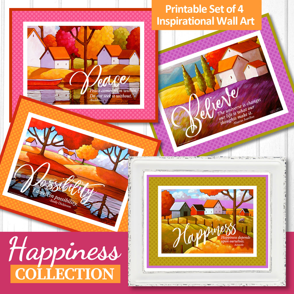 Happiness Set of 4 collection quote art printables, wall art download by Cathy Horvath Buchanan
