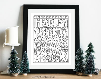 Happy Holidays Snowflake Coloring Page,  PDF Download Printable by Cathy Horvath Buchanan