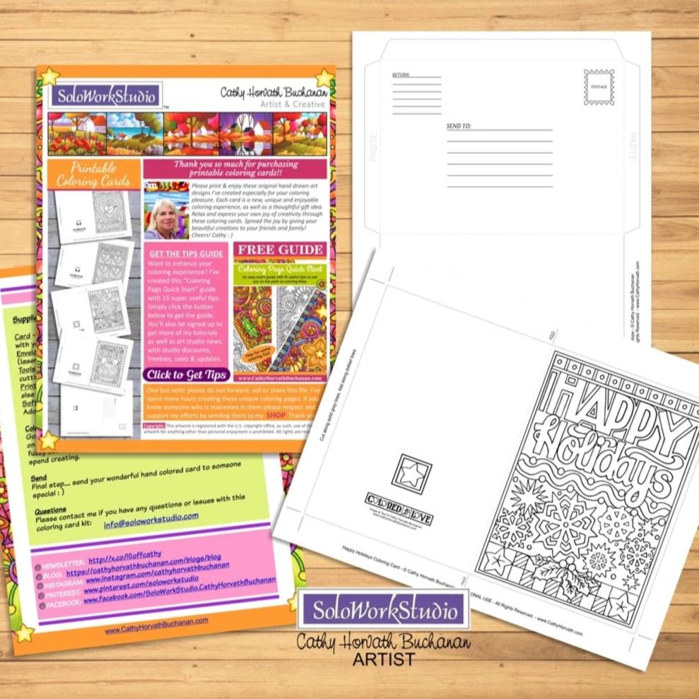 Happy Holidays Coloring Card Kit, Card + Envelope PDF Download Printable by Cathy Horvath Buchanan