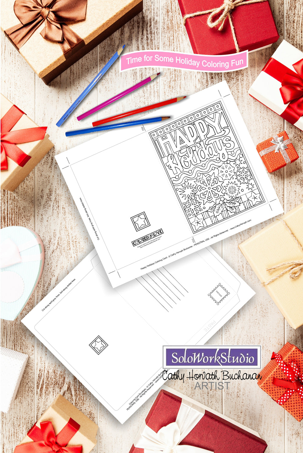 Happy Holidays Coloring Card Kit, Card + Envelope PDF Download Printable by Cathy Horvath Buchanan
