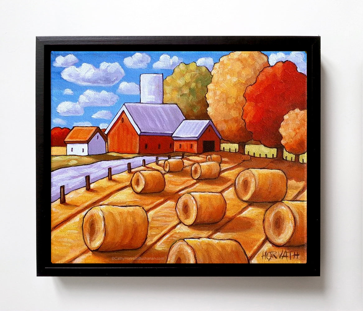 Country Hay Barns Framed Original Painting, Harvest Landscape 10x12