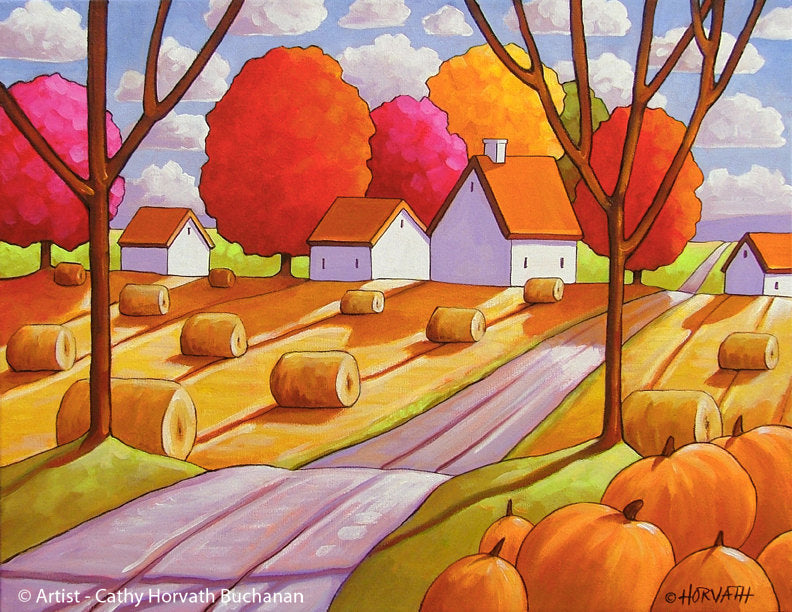 Hay Rolls Pumpkins Harvest Fall Folk Art Print, Thanksgiving Farmhouse Halloween Giclee by artist Cathy Horvath Buchanan