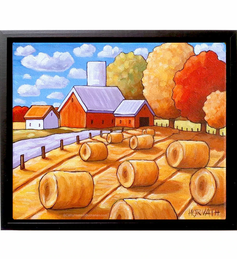 Country Hay Barns Framed Original Painting, Harvest Landscape 10x12