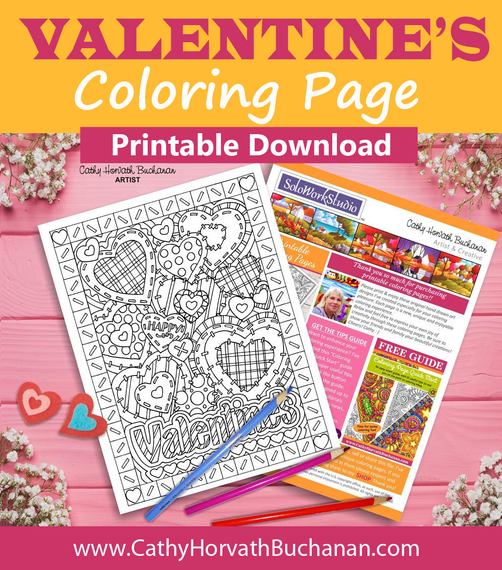 Valentine Stitching Hearts Coloring Page, PDF Download Printable by Cathy Horvath Buchanan
