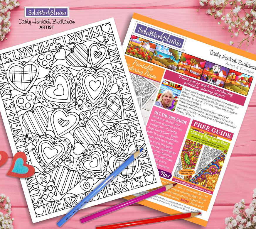valentine stitches coloring page by artist Cathy Horvath Buchanan