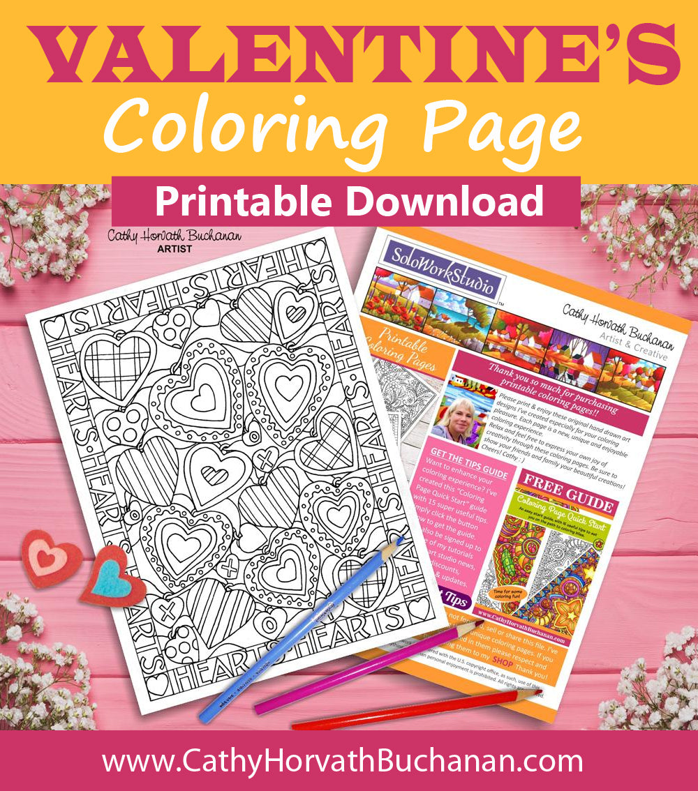 valentine stitches coloring page by artist Cathy Horvath Buchanan