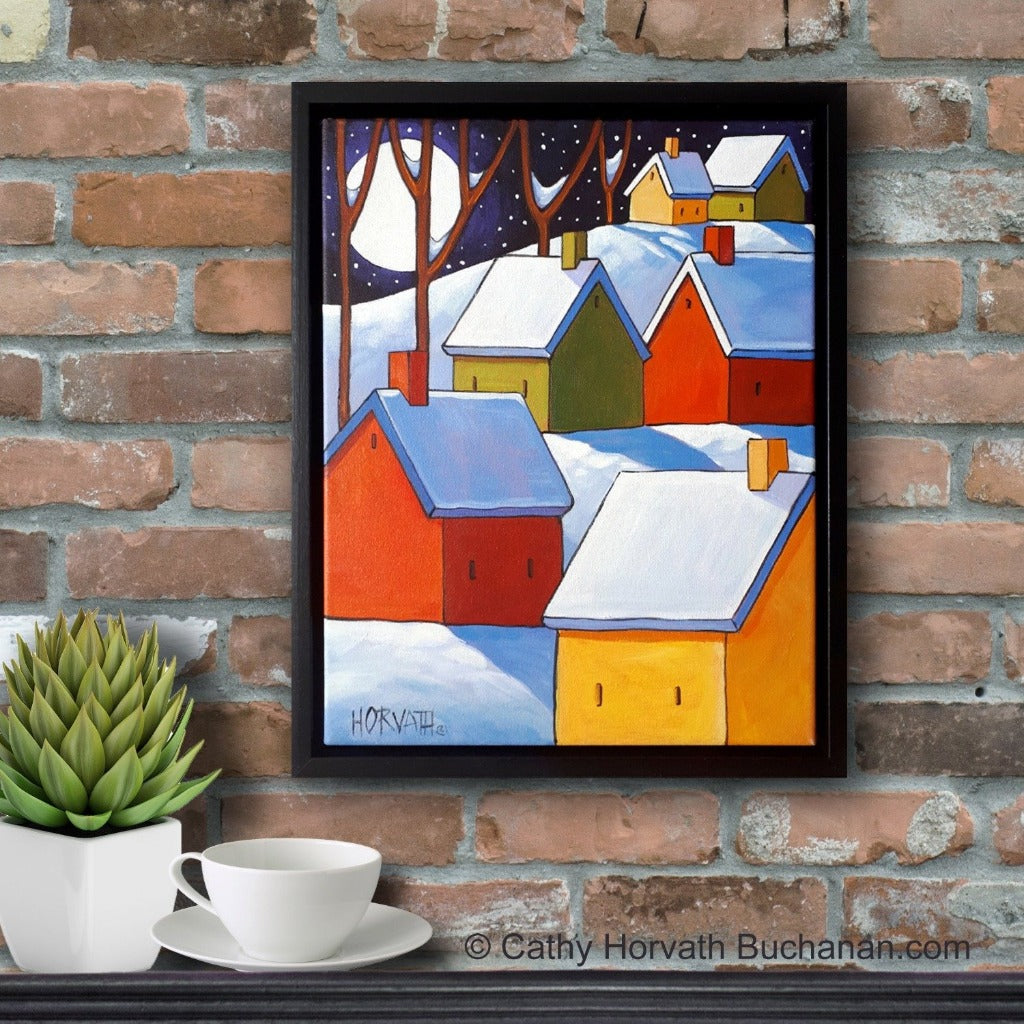 Winter Night Cottages Framed Original Painting, Folk Art Snow Landscape 11x14