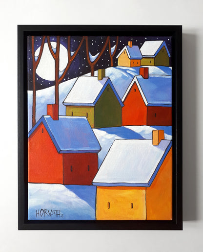 Winter Night Cottages Framed Original Painting, Folk Art Snow Landscape 11x14