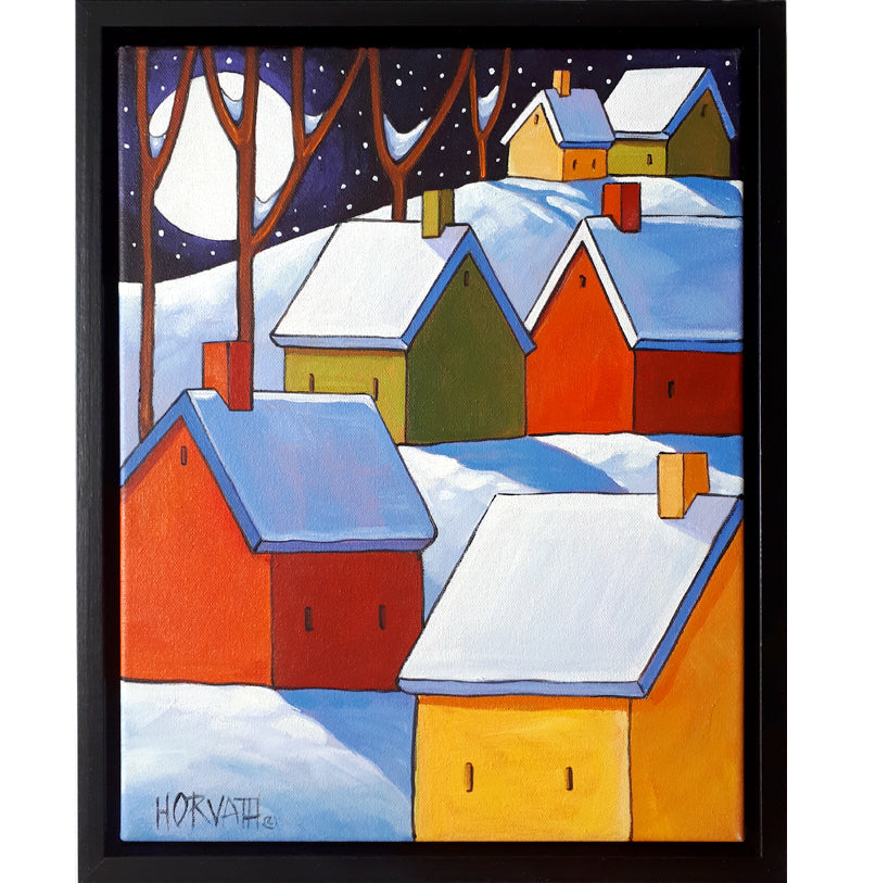 framed painting of a full moon night snow covered colorful homes on hillside by artist Cathy Horvath Buchanan 