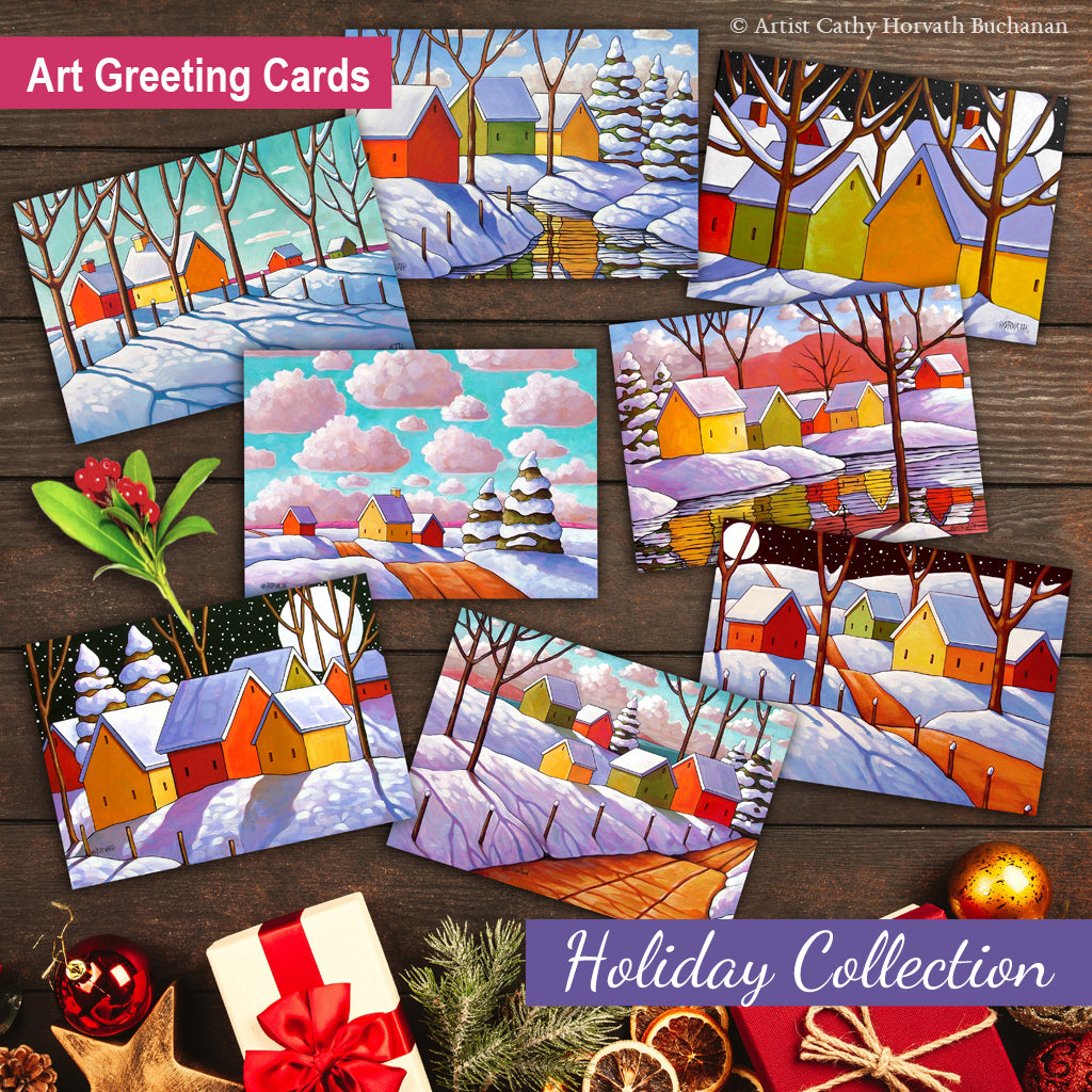 Set of 8 Holiday Scenes Art Cards  by artist Cathy Horvath Buchanan