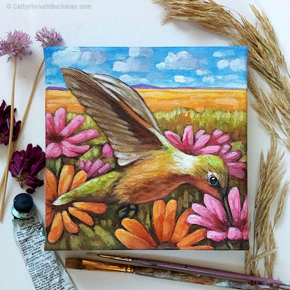 Hummingbird Field Flowers - Original Painting by artist Cathy Horvath Buchanan flatlay