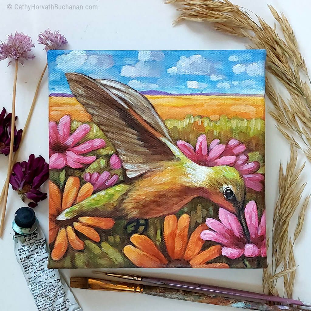 Hummingbird Field Flowers - Original Painting by artist Cathy Horvath Buchanan flatlay