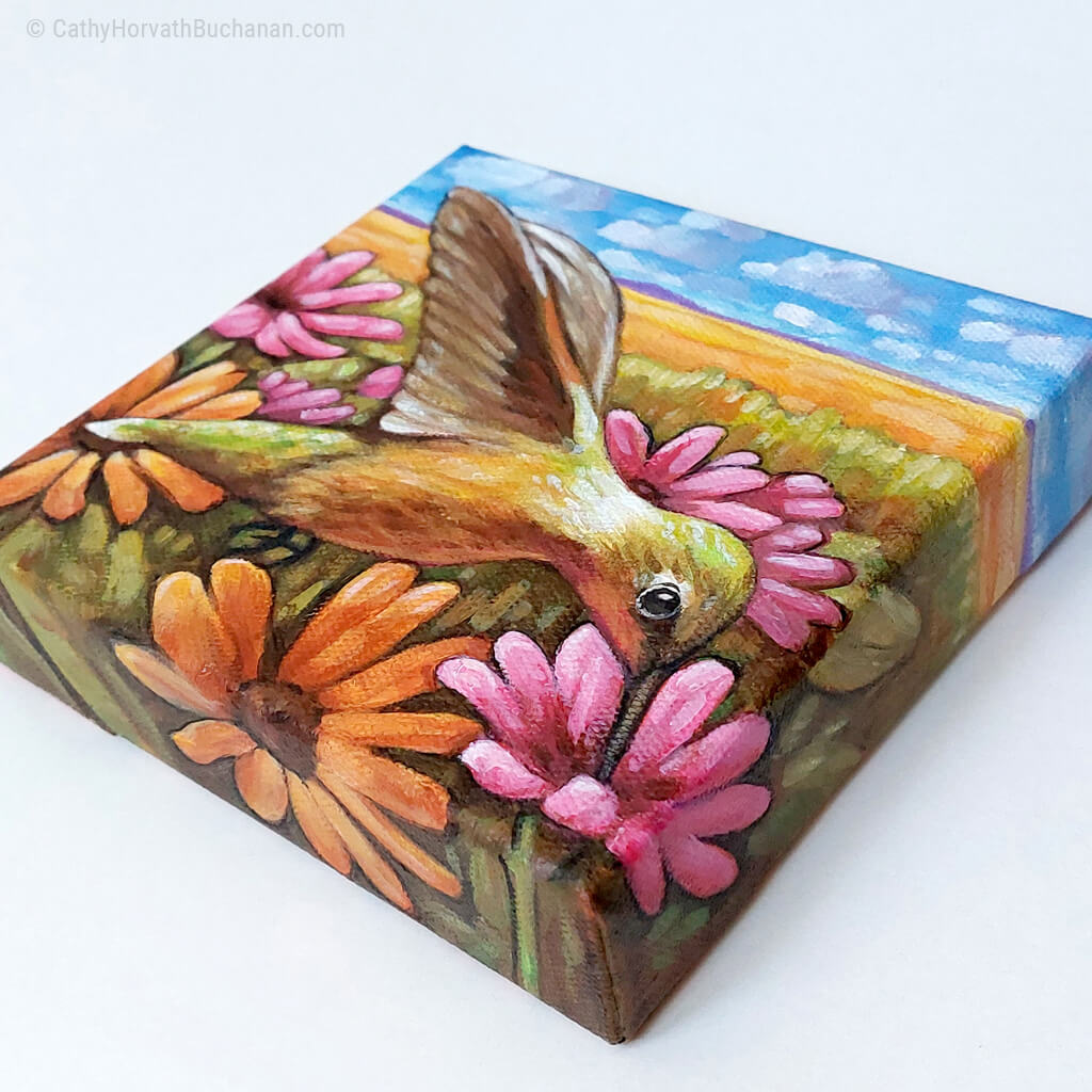 Hummingbird Field Flowers - Original Painting by artist Cathy Horvath Buchanan bottom side