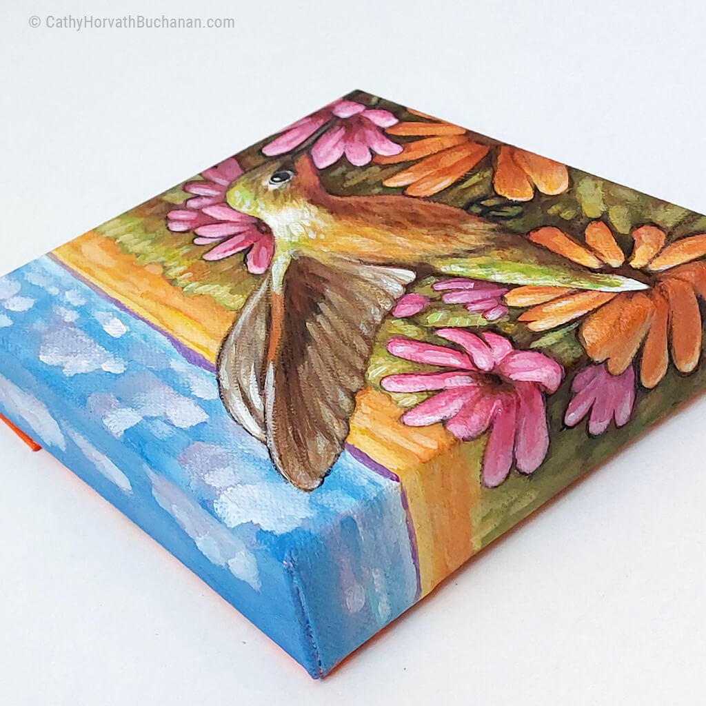 Hummingbird Field Flowers - Original Painting by artist Cathy Horvath Buchanan top side