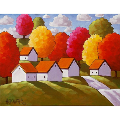 Fall Tree Road 14x18 Original Painting by Cathy Horvath Autumn Landscape Folk Art Cottage Road, Acrylic on Canvas, Ready to Hang - SoloWorkStudio  - 1