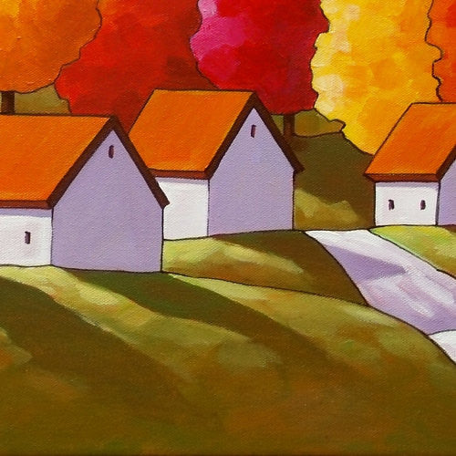 Fall Tree Road 14x18 Original Painting by Cathy Horvath Autumn Landscape Folk Art Cottage Road, Acrylic on Canvas, Ready to Hang - SoloWorkStudio  - 3
