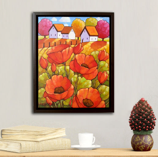 Red Poppies Landscape Framed Original Painting, Country Wild Flowers 11x14