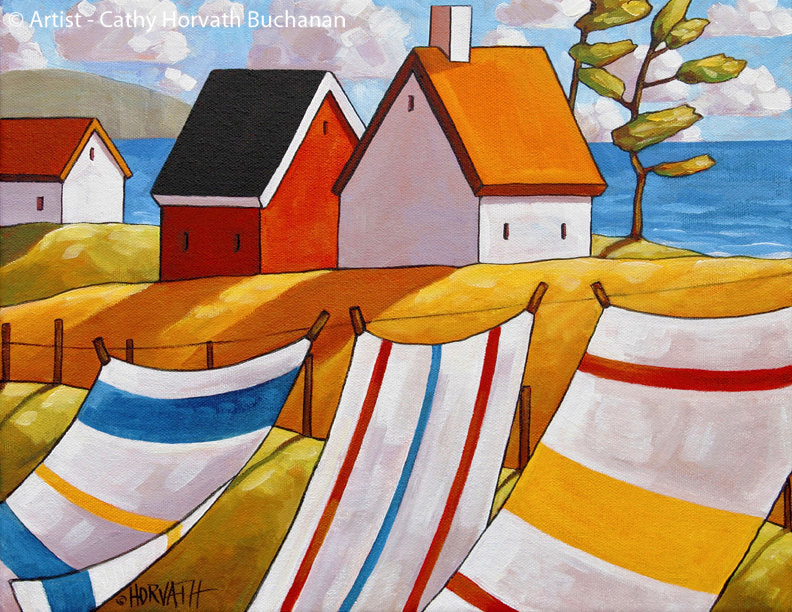 Coastal Beach Towel Folk Art Print, Summer Seaside Breeze Giclee byartist Cathy Horvath Buchanan