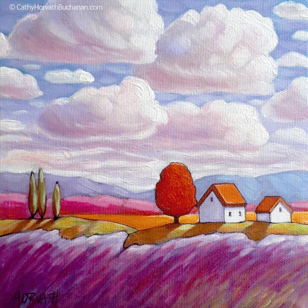 Lavender Under Clouds Original Painting, Little Big Sky 7x7