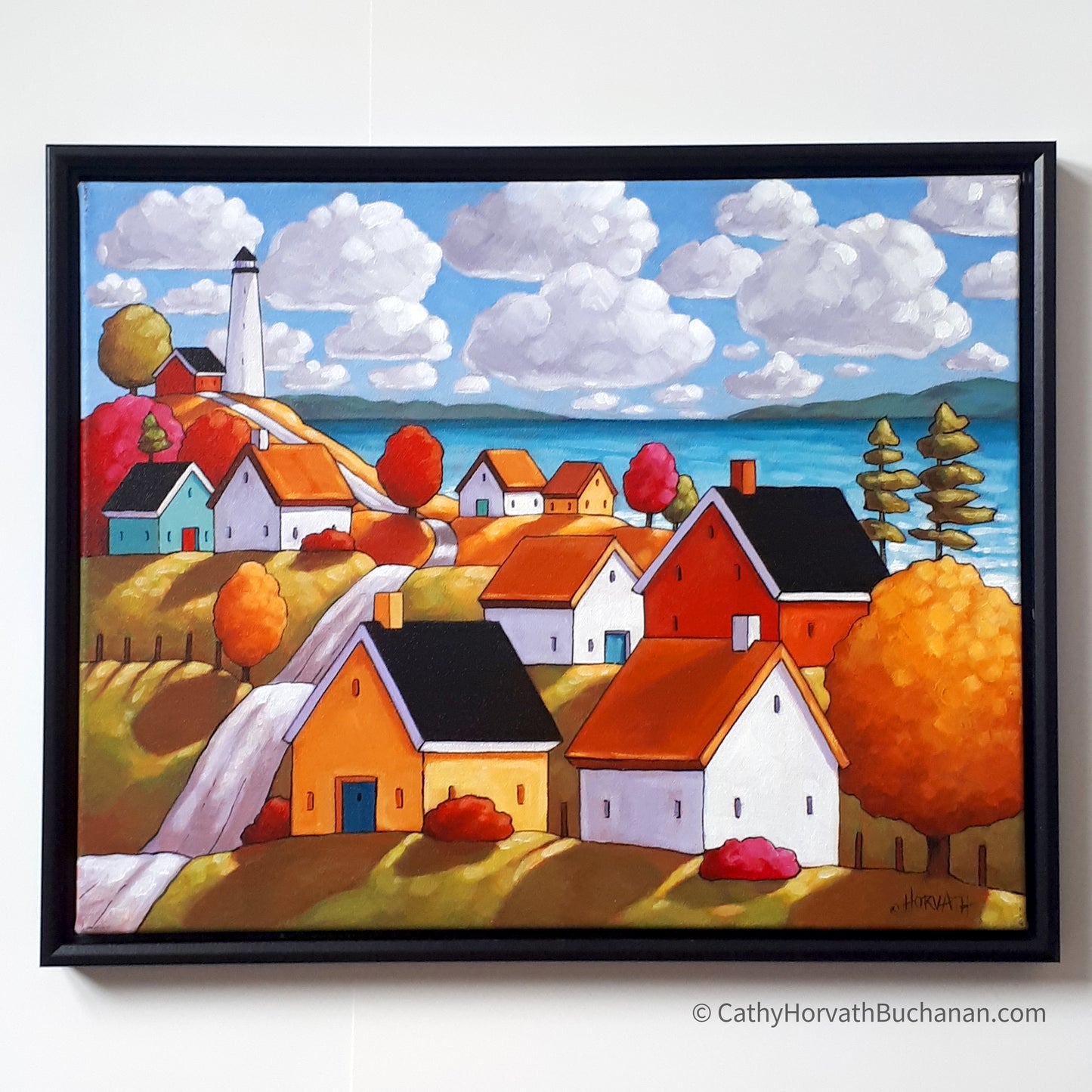 Lighthouse Village Framed Original Painting, Coastal Seascape 16x20 by artist Cathy Horvath Buchanan