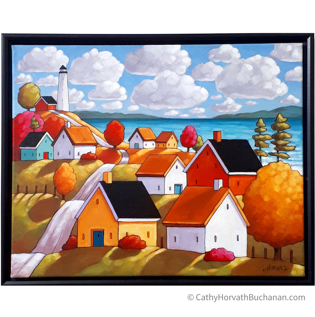 Lighthouse Village Framed Original Painting, Coastal Seascape 16x20 by artist Cathy Horvath Buchanan