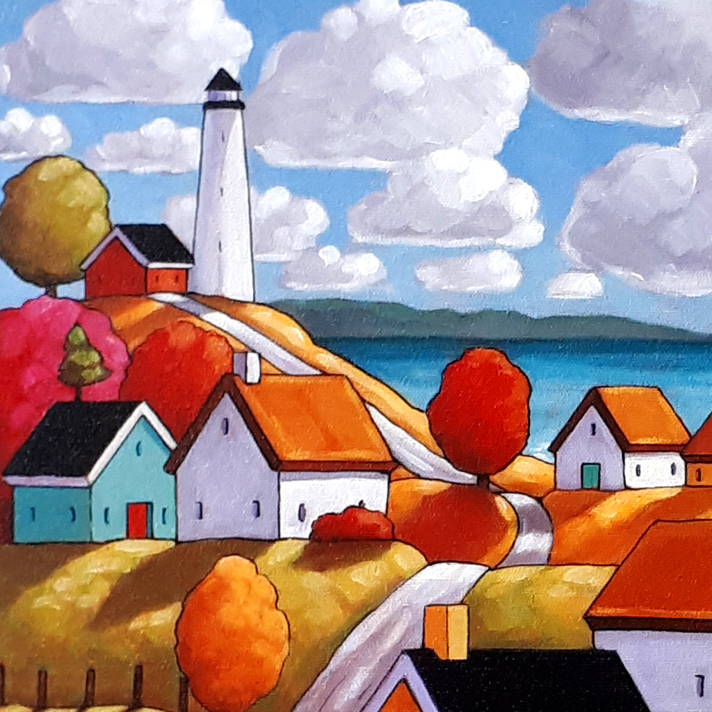 Lighthouse Village Framed Original Painting, Coastal Seascape 16x20 by artist Cathy Horvath Buchanan