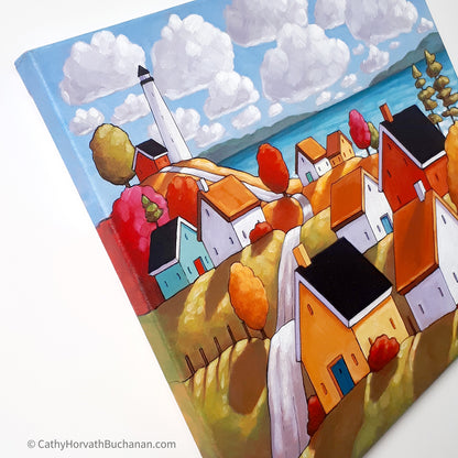 Lighthouse Village Framed Original Painting, Coastal Seascape 16x20 by artist Cathy Horvath Buchanan