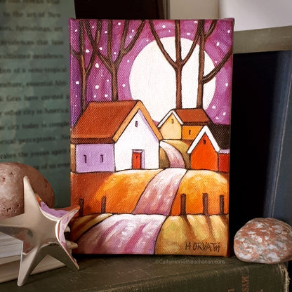 Little Purple Road Moonrise 4x6 Original Painting