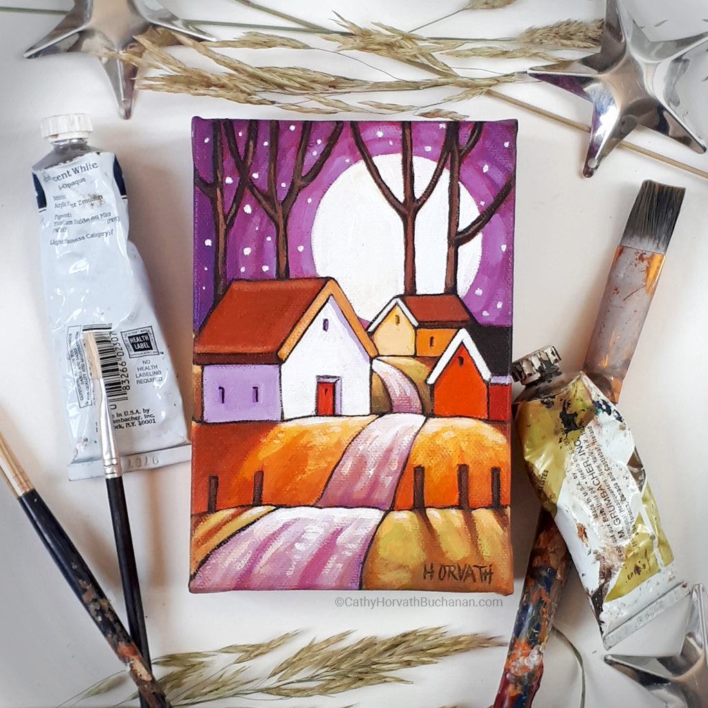 Little Purple Road Moonrise 4x6 Original Painting
