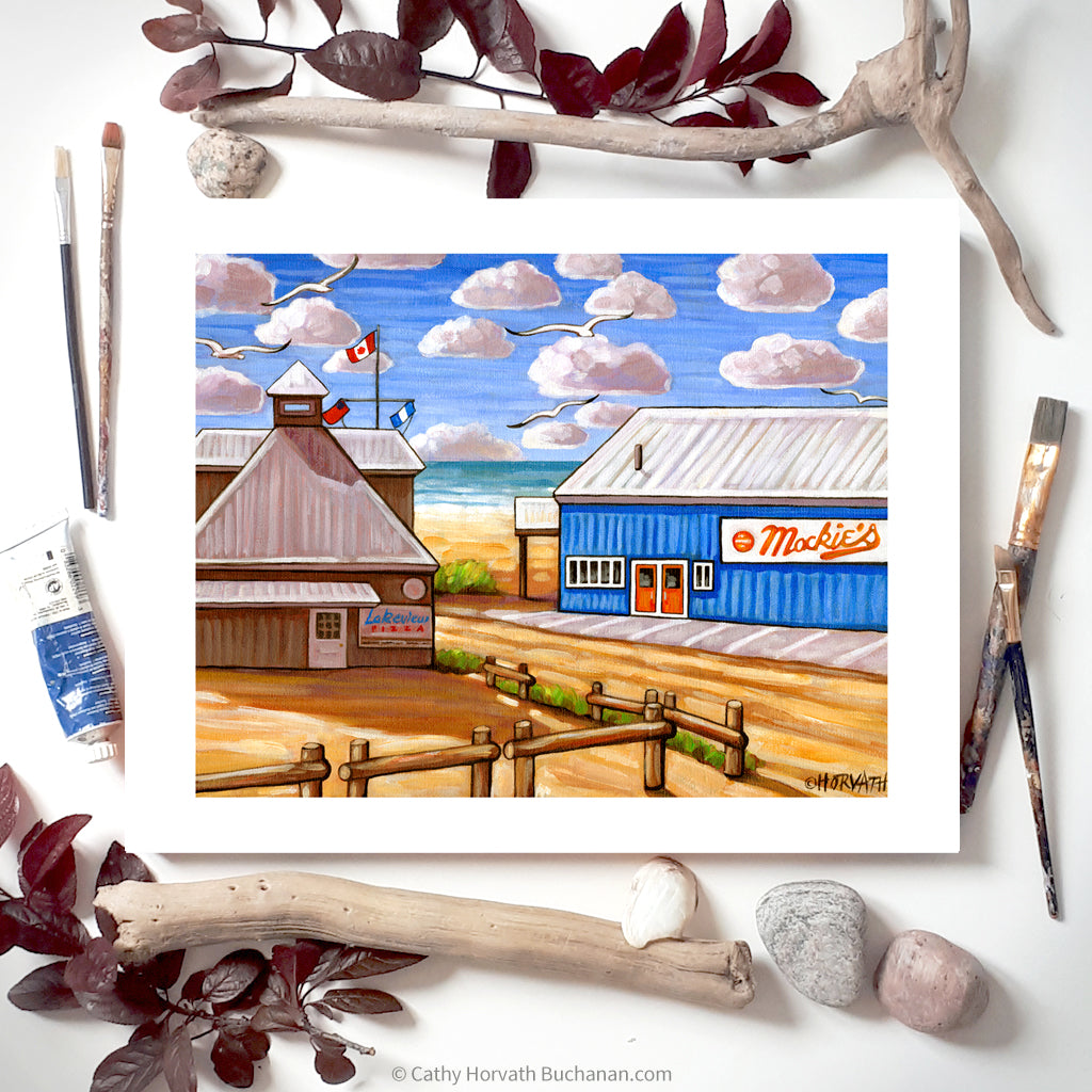 Port Stanley Mackies on the Beach, Historic Coastal Lakefront View Art Print by artist Cathy Horvath Buchanan
