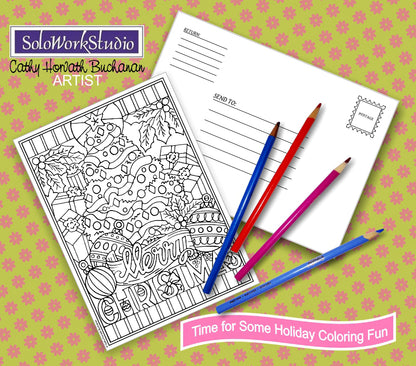 Merry Christmas Coloring Card Kit, Holiday Tree Card + Envelope, PDF Download Printable by Cathy Horvath Buchanan 