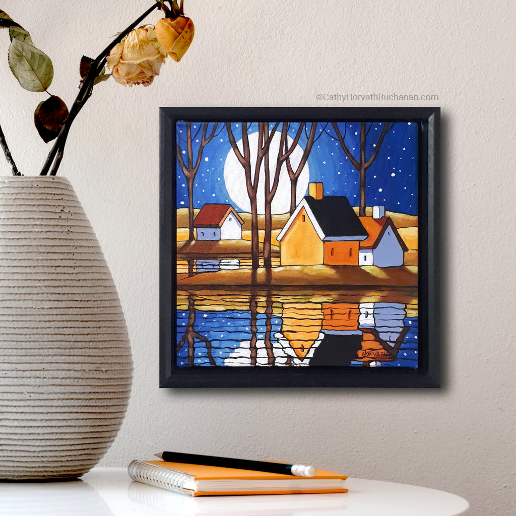 Moonrise Reflection, Framed Original Painting 8x8