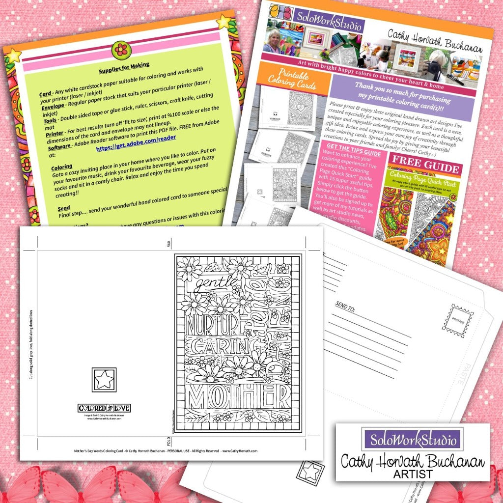 Mothers Day Words Coloring Card Kit, Card + Envelope PDF Download by Cathy Horvath Buchanan