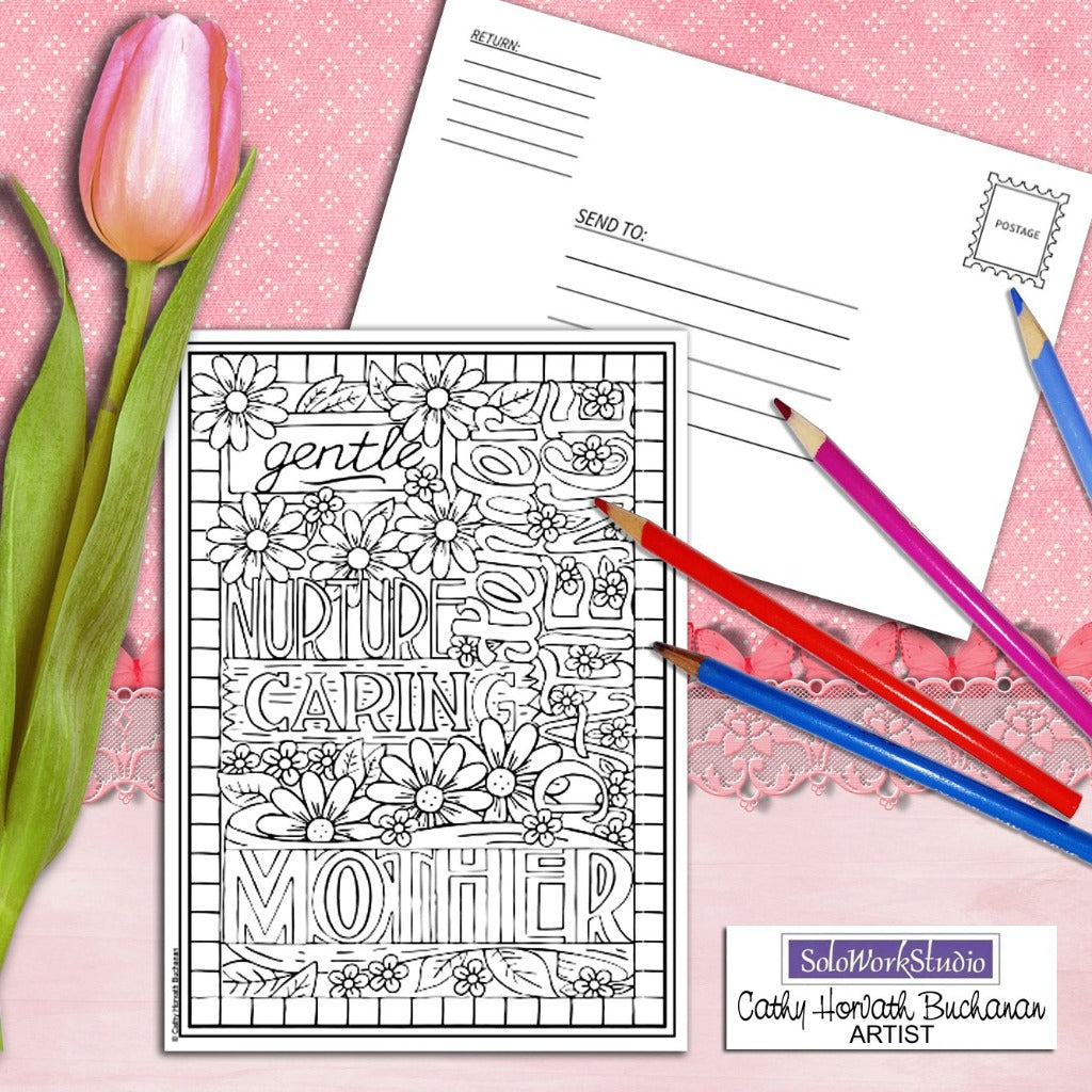 Mothers Day Words Coloring Card Kit, Card + Envelope PDF Download by Cathy Horvath Buchanan