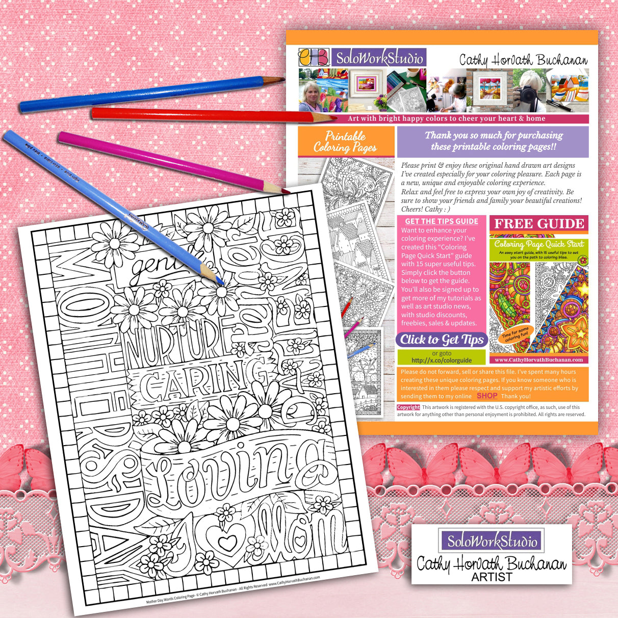 mothers day coloring page printout with pencil crayons artist Cathy Horvath Buchanan
