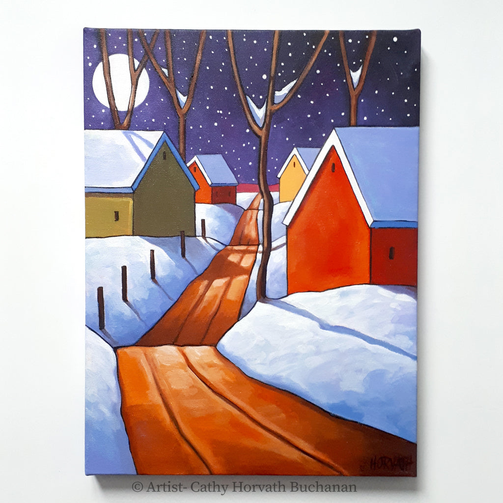 Night Snow Road Framed Original Painting, Winter Snow 12x16