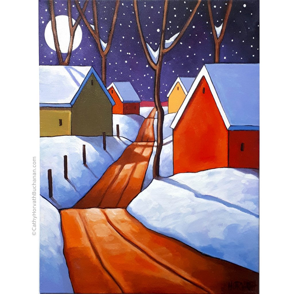 Night Snow Road - Original Painting by artist Cathy Horvath Buchanan