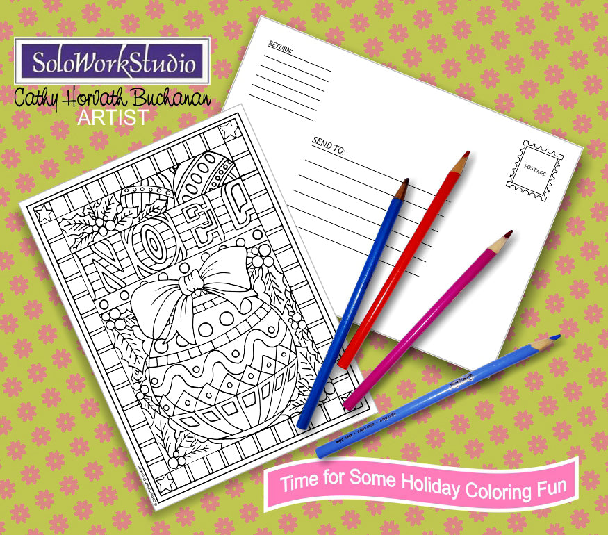 Christmas Holiday Coloring Cards 4 Set Kit + Envelope, PDF Download by Cathy Horvath Buchanan