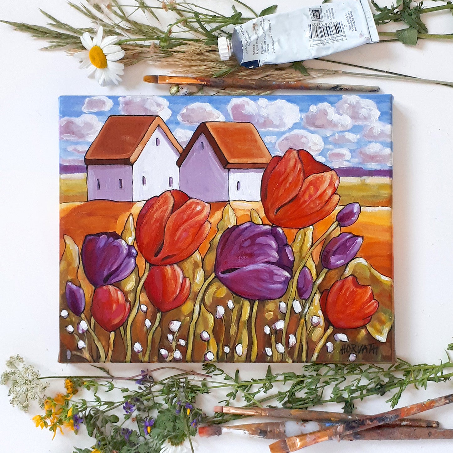 Purple Pink Tulips Landscape - Original Painting art by cathy horvath buchanan