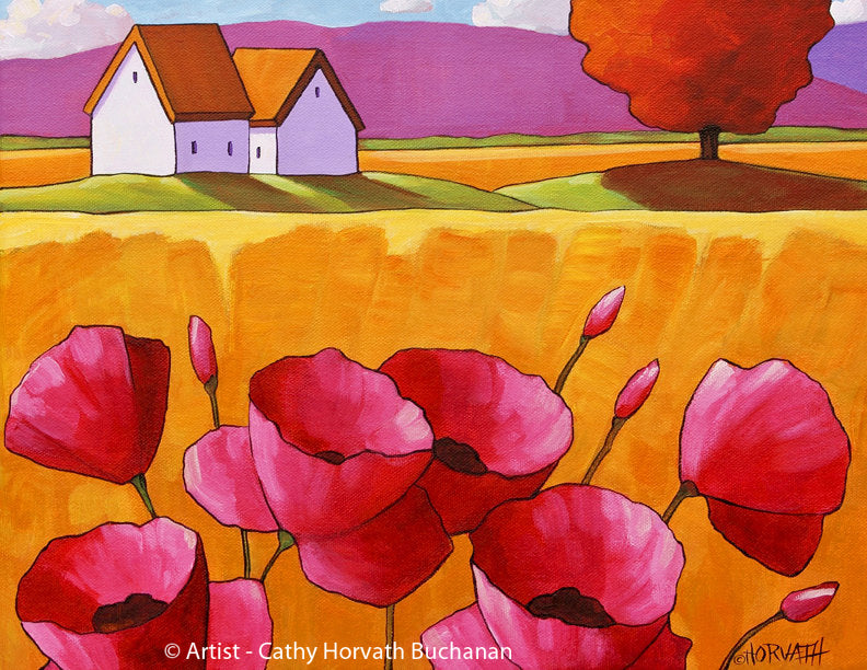 Pink Poppies Yellow Grass Folk Art Print, Summer Flowers Country Fields Giclee by artist Cathy Horvath Buchanan
