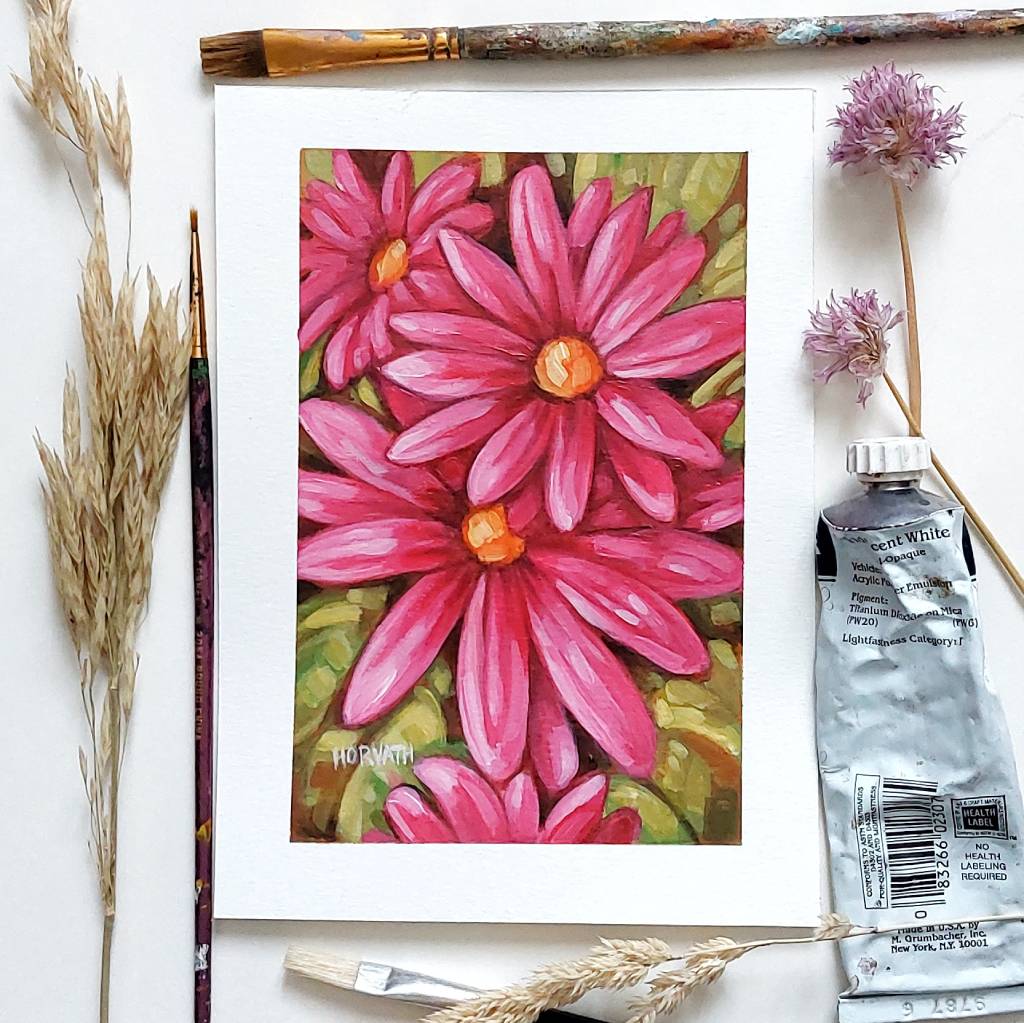 Pink Mums - Original Painting on Paper artist cathy horvath buchanan
