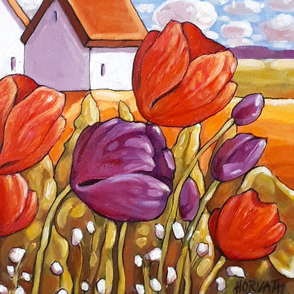 Purple Pink Tulips Landscape - Original Painting art by cathy horvath buchanan