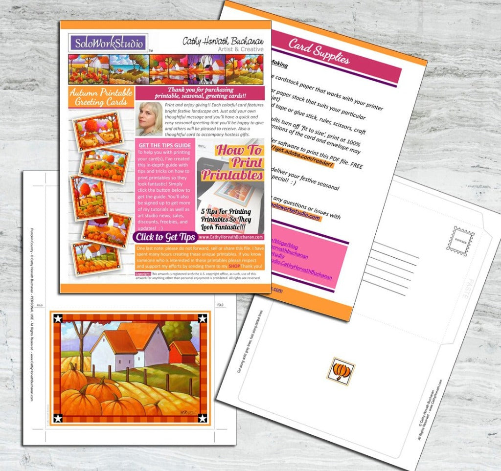 Country Pumpkins Printable Card kit, PDF Instant Download by Cathy Horvath Buchanan