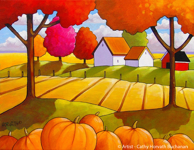 Pumpkins Landscape Folk Art Print, Farmhouse Country Decor by artist Cathy Horvath Buchanan