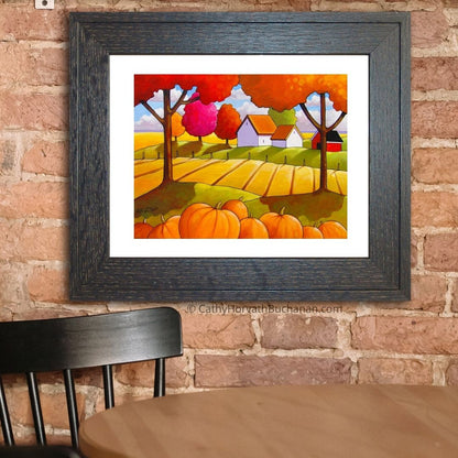 Pumpkins Landscape Folk Art Print, Farmhouse Country Decor by artist Cathy Horvath Buchanan