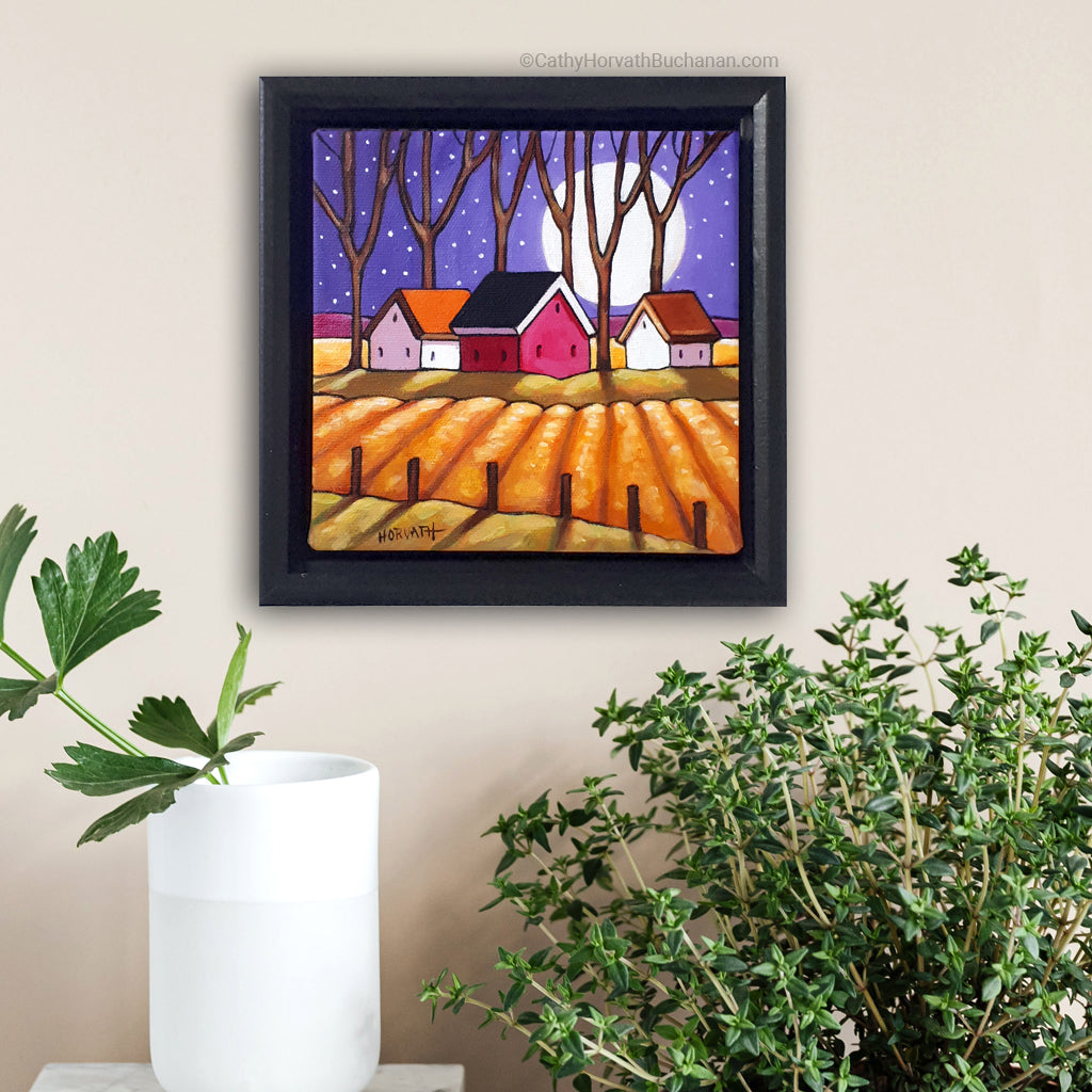 Purple Night Country Fields, Framed Original Painting 6x6